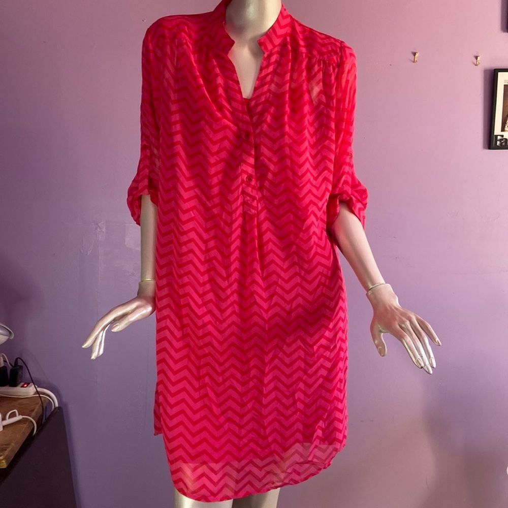 Tacera Pink Red Chevron Tank Dress w/ Sheer Overlay Women's Size Large